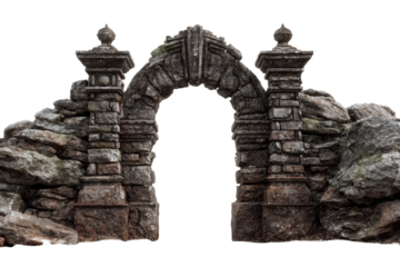 An old door partially obscured by a tree, showcasing weathered wood and natural greenery in front of it, isolated on transparent background