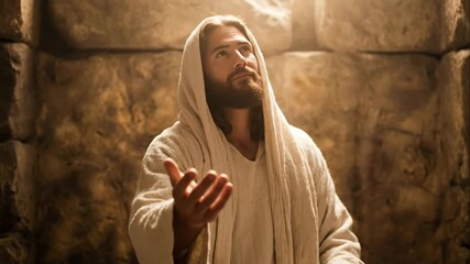 Religious figure in white robe extends hand in invitation, seated on stone bench, illuminated by soft light, showcasing a moment of spiritual connection and reflection