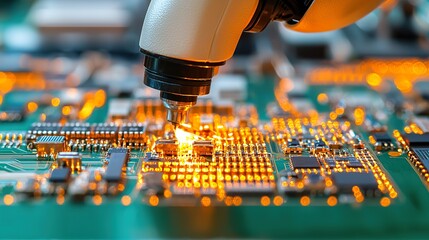 Close-up of a robotic arm assembling small electronic components on a production line. Sparks and motion blur add realism and industrial feel
