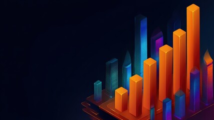 A digital representation of vibrant bar graphs resembling skyscrapers, indicating growth and analysis in a financial context against a dark background.