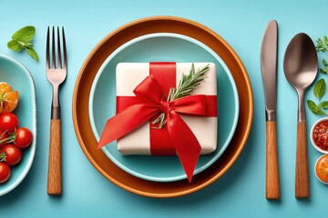 Gift on a colorful table setting with a wrapped present, plates, and festive sprigs
