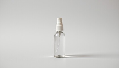 A single bottle of hand sanitizer placed against a plain, light background. The bottle is transparent with a white label and has a pump dispenser at the top