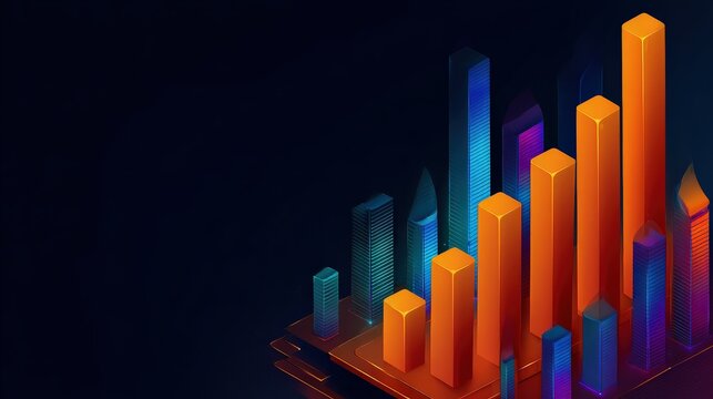 A digital representation of vibrant bar graphs resembling skyscrapers, indicating growth and analysis in a financial context against a dark background. - Powered by Adobe