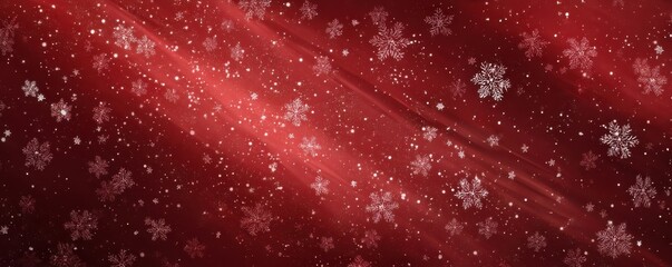 Red background with falling snowflakes and sparkling lights creating a festive winter scene for holidays