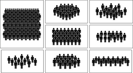 Grid of Nine Black Silhouette Groups of People in Various Formations crowd
