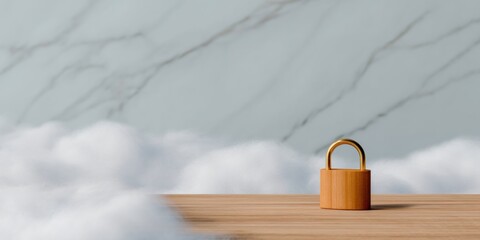 Minimal wooden padlock on clean surface with soft clouds background representing calm secure space ideal for branding wellness technology or privacy focused design