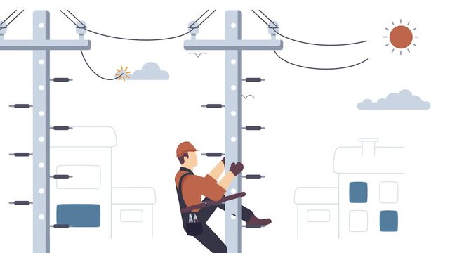 Lineman Climb On electric Pole wearing Helmet animation, Extreme Risk Jobs Professional animated video, Electrician Profession Clip, High Voltage Power Supply footage, Handyman and Repairman motion