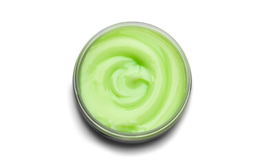 Jar of cosmetic cream, natural cosmetics, face, body green moisturizer, skin care, hydrating hair vegan mask isolated on white background, aloe vera cosmetic product, top view, from above