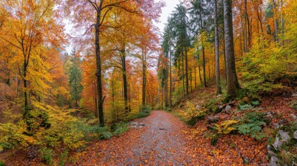 Obraz premium Autumn Forest Path: Scenic Woodland Trail with Vibrant Fall Foliage and Tranquil Nature Landscape
