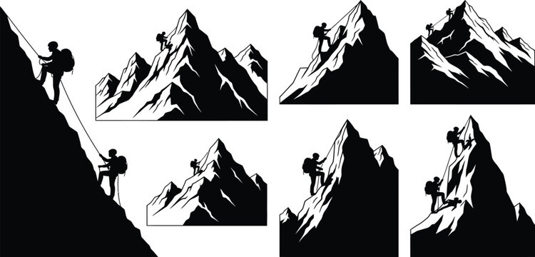 Mountain climber silhouettes ascending steep alpine peaks, adventurous hiking mountaineering illustration, extreme outdoor sport concept, black and white vector design