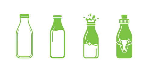 Vector icon of a milk bottle, showcasing both empty and full dairy product glass packaging in a distinct outline art form, designed as a clipart element for drinks.
