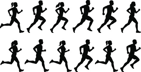 Row of Male and Female Runner Silhouettes in Motion Keywords: running, runners, athletes, people, silhouettes, male, female, men