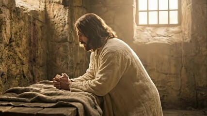 Jesus Christ in beige robe kneels in prayer at a wooden table, with hands clasped together. moment of spiritual significance and warmth in serene setting. Biblical scene, Christian religion