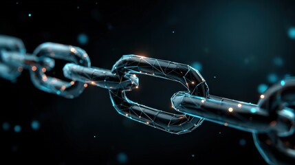 A futuristic digital chain link rendered in 3D, illuminated against a dark background, showcasing intricate geometric patterns and glowing effects.