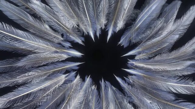 Floating feathers orbiting a dark invisible sphere 4K.