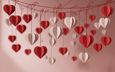 Decorative hanging paper hearts in red and white for romantic or festive celebration