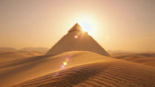 Fine grains of desert sand scattered, pyramid silhouette faintly visible, warm sunset tones 4K