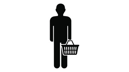 Simple black silhouette of a person holding a shopping basket