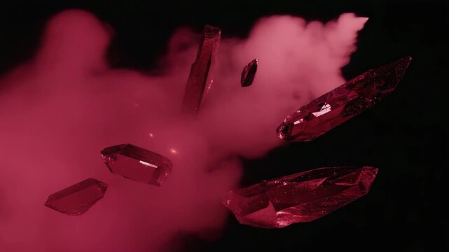 Dense red mist swirling and wrapping around floating obsidian shards, captured with a dynamic macro orbit camera &mdash; smooth rotational movement, shifting focus between shards and vapor flow 4K