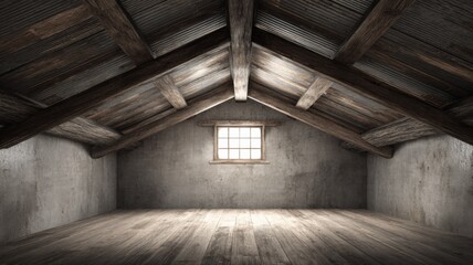 Attic Interior with Wooden Beams and Small Window, Empty Room with Natural Light