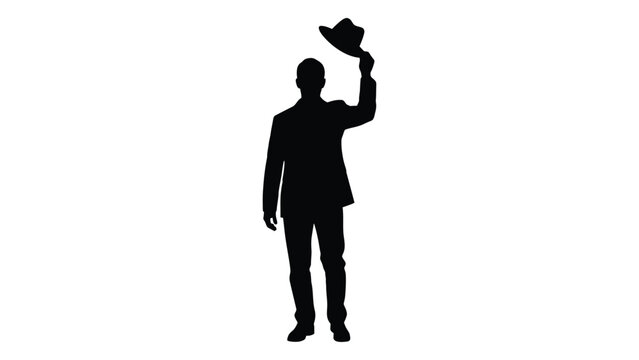 Silhouette of a man in a suit tipping his hat in a gesture
