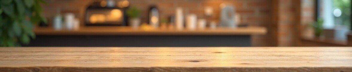 Empty light wood tabletop, blurred coffee shop background, business, advertising, wood grain