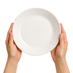 Hands holding a white empty ceramic plate from above isolated on transparent background