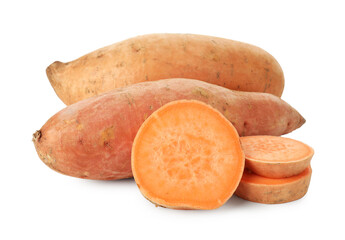 Whole and cut sweet potatoes isolated on white
