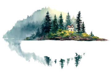 A serene painting of a house by a lake, surrounded by lush green trees under a clear blue sky, isolated on transparent background