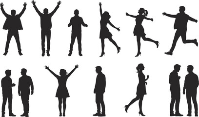 Silhouettes of men and women in celebratory and active poses on a white background Keywords: people, silhouette, man, woman