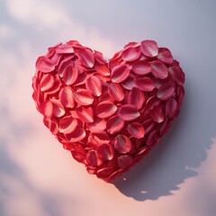 Heartshaped arrangement of red rose petals on a soft natural background symbolizing love and romance