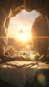 Cave entrance reveals Christian cross illuminated on hill at sunrise. Rocky landscape and soft light, emphasizing transition from darkness to light in spiritual context. Resurrection Of Jesus Christ