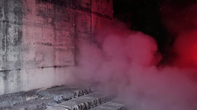 Crimson fog spreading across charred wall texture, embers flickering, static wide composition with drifting smoke 4K