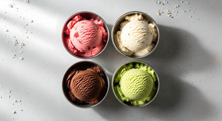 Ice Cream Scoops Dessert Various Flavors Bowls Top View