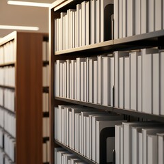 Fototapeta premium Rows of bookshelves filled with white books in a modern library setting viewed from a slight angle