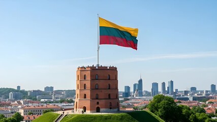 Dynamic Lithuanian flag waving atop Gediminas' Tower in Vilnius with cityscape backdrop on a bright sunny day perfect for travel videos