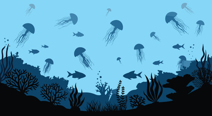 Jellyfish, coral, fish, seaweed, ocean, underwater, marine, nature, , silhouette, vector, graphic, design, illustration, swimming, aquatic, creature, bubbles, reef, ecosystem, depth, environment © Creative Mind