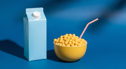 Light Blue Carton Yellow Bowl Cereal Food