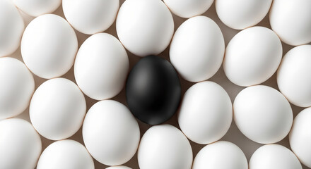 Unique Black Egg Among White Eggs Top View