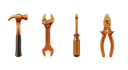 Four golden metallic tools, hammer, adjustable wrench, screwdriver, and pliers, arranged in a line against a transparent background, symbolizing craftsmanship and repair.