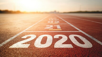 New Beginnings: 2020 Marked on Running Track Towards Future, Symbolizing Goals, Aspirations, and Forward Momentum
