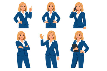Fototapeta premium business woman in suit. Half turn view different gestures set isolated vector illustration