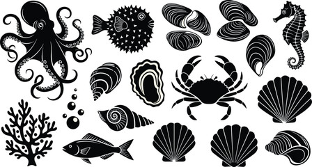 Octopus, seahorse, crab, fish, shell, coral, bubbles, marine, ocean, sea, silhouette, underwater, nature, aquatic, animal, black, vector, graphic, design, illustration, biodiversity, environment © Creative Mind