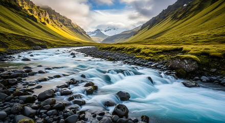 River Valley Mountain Landscape Flowing Water Green Slopes