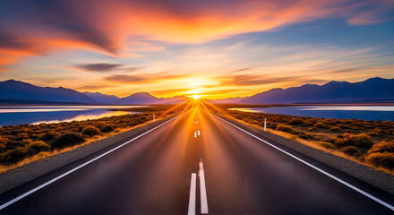 Empty Road Sunset Golden Sky Mountains Landscape Travel