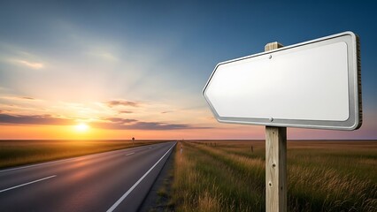 A blank directional sign stands beside an empty road at sunrise in a serene landscape