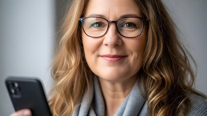 Woman with glasses looking at her smartphone with a concerned expression