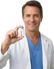 A smiling middle aged male doctor in a white lab coat and blue scrubs holds up a small glass vial with a blue cap presenting it to the viewer medicine healthcare medical scientist