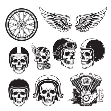 Vintage biker skull and motorcycle elements illustration set