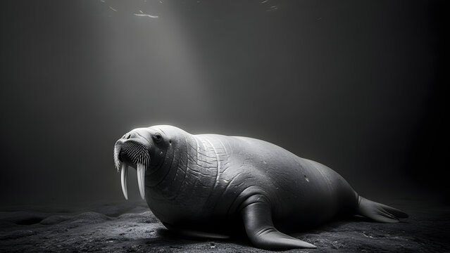 A walrus in a dramatic spotlight setting